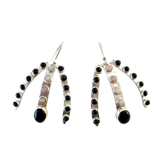 Spiky Black Onyx & Pink Opal Sterling Silver Handmade Earrings - Picture 1 of 7